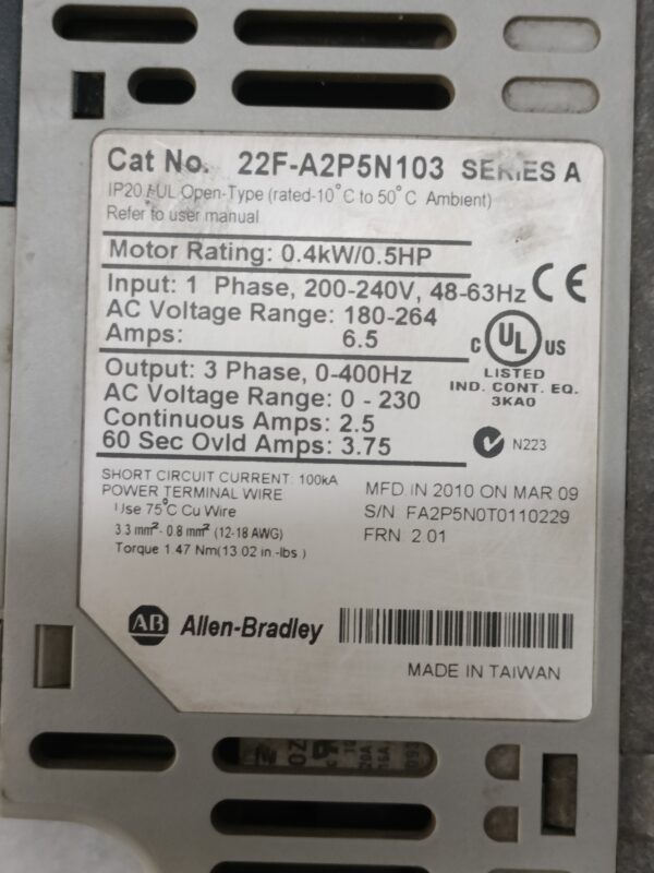 Allen-Bradley PowerFlex 4M AC Drive, 240 VAC, 1 Phase, 0.5 HP, 22F-A2P5N103 - Image 2