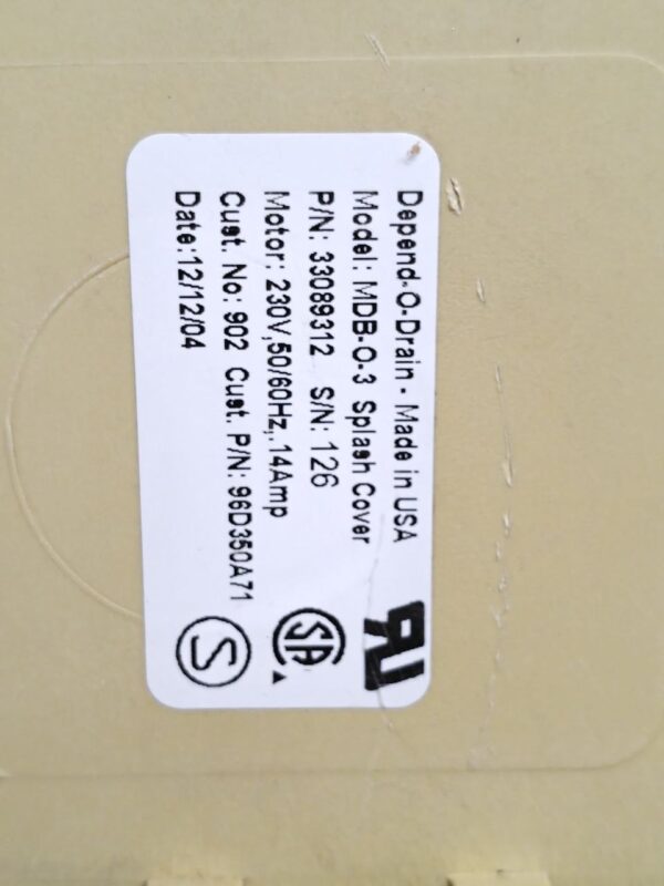 Depend-o-drain model MDB-O-3 SPLASH COVER 33089312 drain valve 220VAC 96D350A71 - Image 2