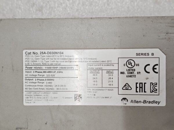 ALLEN-BRADLEY CAT 25A-D030N104 SERIES-B Power Flex 523 AC Drive 15HP 17:29 - Image 8