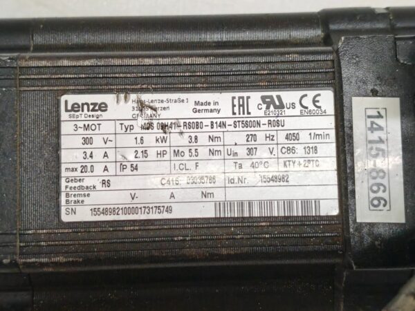 LENZE MCS 09H41-RS0B0-B14N-ST5SOON-ROSU 15548982 SERVO MOTOR 300V 3.4 A 1.6 KW 13:28 - Image 4