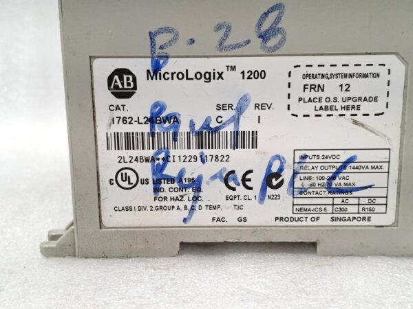 ALLEN BRADLEY MICROLOGIX 1200 1762 L24BWA SER C  REV-I POINT CONTRLOLLER 50-60 HZ 12:40 - Image 8
