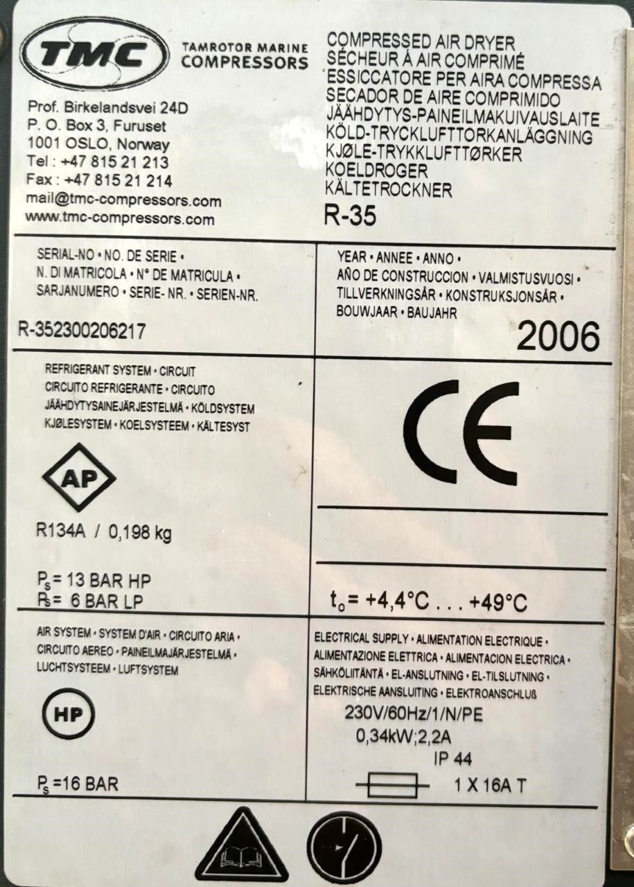 TMC TAMROTOR MARINE COMPRESSORS R35 SR NO. 2300206217 AIR DRYER (2)