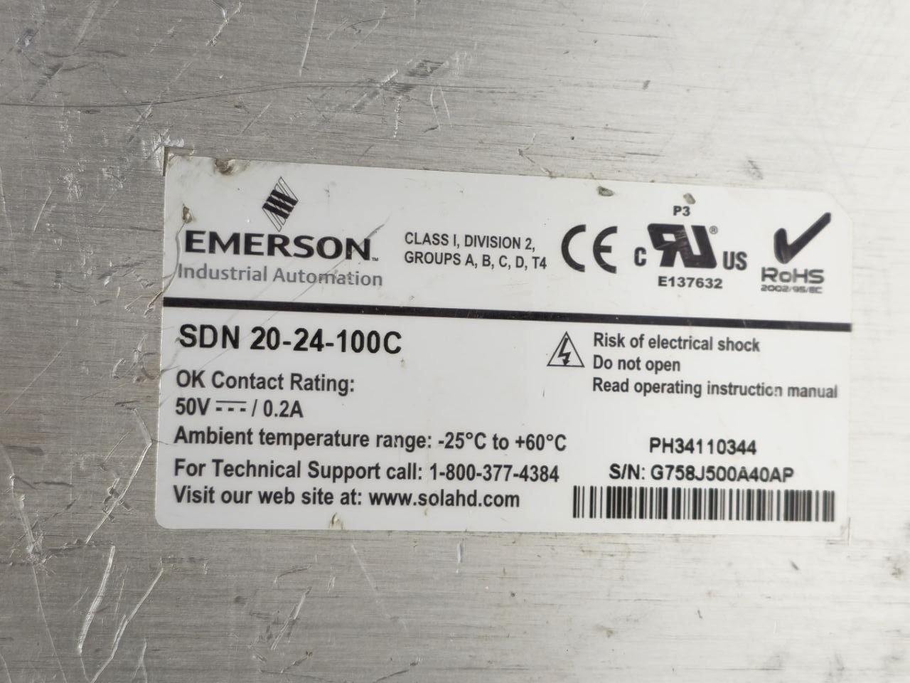 SOLA EMERSON SDN 20-24-100C POWER SUPPLY IN 100-240VACDC OUT 24-28 VDC 20A-0 (3)