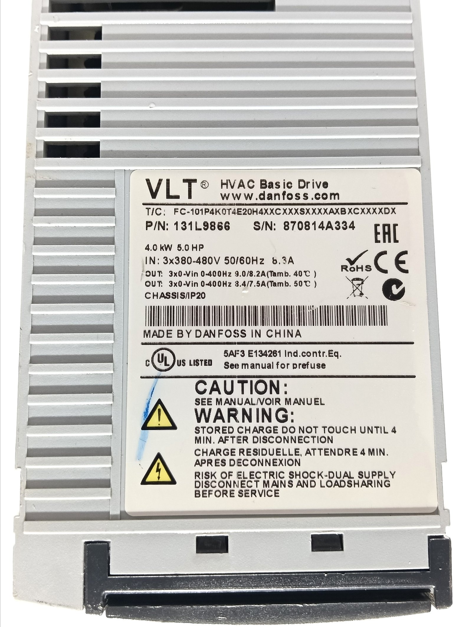 DANFOSS VLT HVAC BASIC DRIVE FC-101P4K0T VARIABLE FREQUENCY DRIVE 131L9866 878414A364 (1)